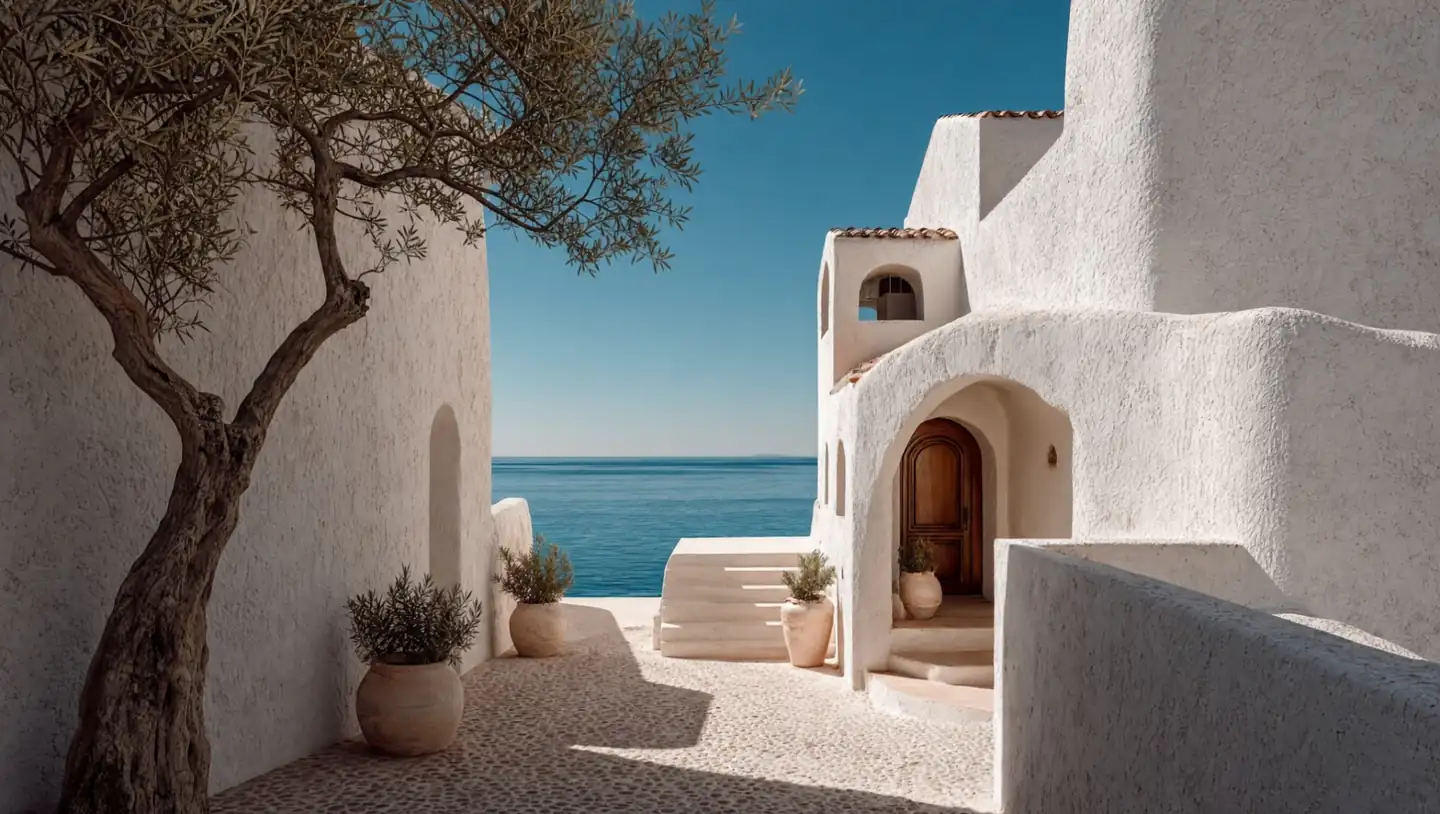Whitewashed Mediterranean courtyard by the sea