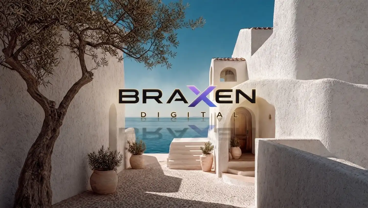 The Braxen Digital wordmark glowing over a whitewashed Mediterranean courtyard